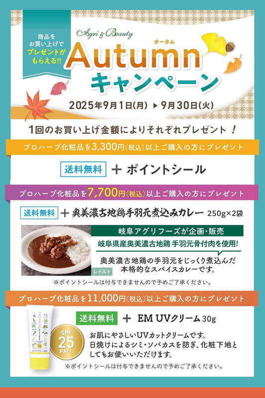 ご購入金額3,300円以上送料無料等、9月1日~30日までオータムキャンペーン開催